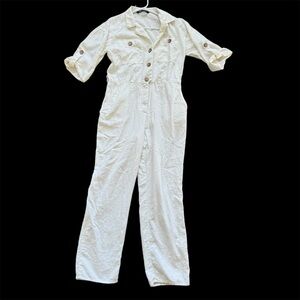 Zara Women’s Linen Blend Jumpsuit Size S White Short Sleeve Button
